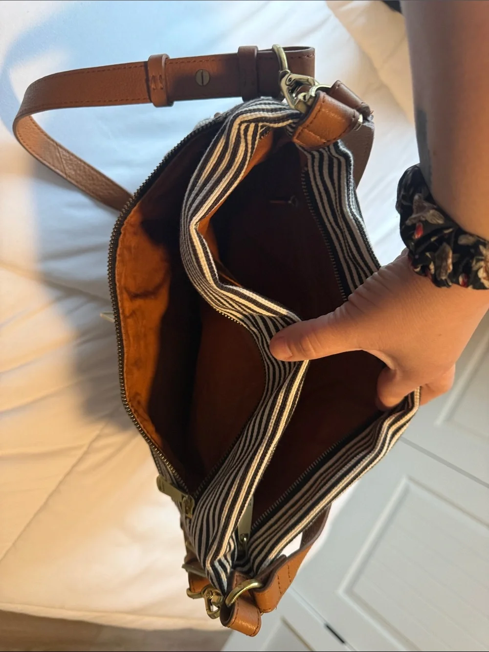 Fossil Black and White Striped Canvas Crossbody with Tan Leather Straps